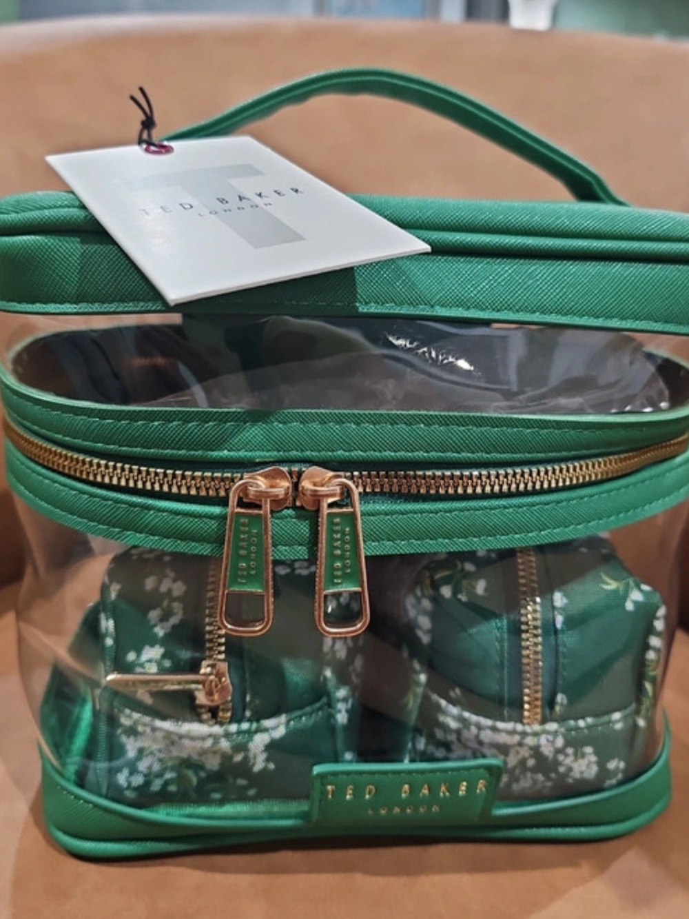Ted Baker Green Clear Cosmetic Bag Trio with Gold Hardware